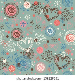 Abstract doodle seamless background with hearts. Endless scribble pattern. Abstract cute fabric texture