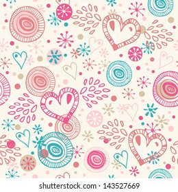 Abstract doodle seamless background with hearts. Romantic scribble pattern. Abstract cute beauty fabric texture