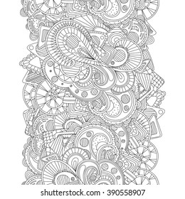 Abstract doodle seamless border. Zentangle style wavy frame. Black and white hand drawn ethnic pattern.
