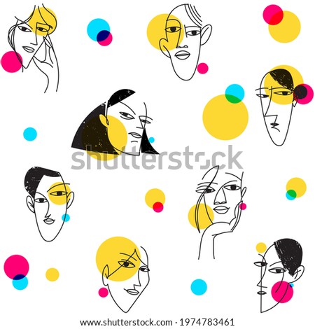 Abstract doodle seamless modern background with faces for social media in cute pop art style. Textile packing paper pattern avatar doodle icons in trendy hand drawn style.