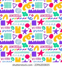 Abstract doodle seamless pattern with charcoal rough shapes. Spirals, geometric colorful shapes, curved rough lines. Simple childish Memphis style bright colored pattern. Various doodle object.