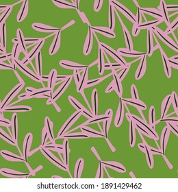 Abstract doodle seamless pattern with decorative pink outline leaves branches ornament. Stock illustration. Vector design for textile, fabric, giftwrap, wallpapers.
