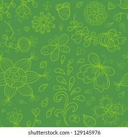 Abstract doodle seamless pattern in green colors. Stylized sun, butterfly, flowers.