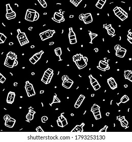Abstract Doodle Seamless Pattern Hand Drawn Drink Beverages Elements Cocktails Alcohol Sketch Vector Design Style Background Illustration For Restaurant Cafe Icons
