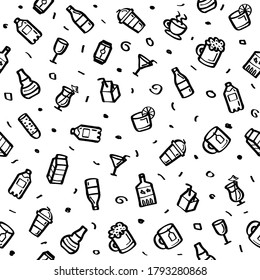 Abstract Doodle Seamless Pattern Hand Drawn Drink Beverages Elements. Alcohol Cocktail Sketch Vector Design Style Background Illustration For Restaurant Cafe Icons