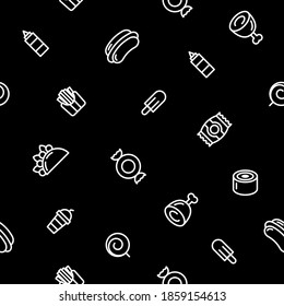 Abstract Doodle Seamless Pattern Hand Drawn Fast Food Elements Pizza Hamburger Snack Drink Croissant Vector Design Style Background Illustration Icons