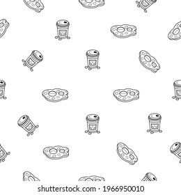 Abstract Doodle Seamless Pattern Hand Drawn Fast Food Elements Pizza Hamburger Snack Drink Croissant Vector Design Style Background Illustration Icons