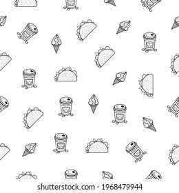 Abstract Doodle Seamless Pattern Hand Drawn Fast Food Elements Pizza Hamburger Snack Drink Croissant Vector Design Style Background Illustration Icons