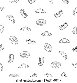 Abstract Doodle Seamless Pattern Hand Drawn Fast Food Elements Pizza Hamburger Snack Drink Croissant Vector Design Style Background Illustration Icons
