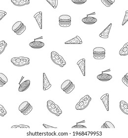 Abstract Doodle Seamless Pattern Hand Drawn Fast Food Elements Pizza Hamburger Snack Drink Croissant Vector Design Style Background Illustration Icons