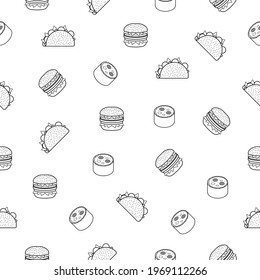 Abstract Doodle Seamless Pattern Hand Drawn Fast Food Elements Pizza Hamburger Snack Drink Croissant Vector Design Style Background Illustration Icons