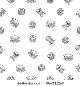 Abstract Doodle Seamless Pattern Hand Drawn Fast Food Elements Pizza Hamburger Snack Drink Croissant Vector Design Style Background Illustration Icons