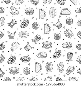 Abstract Doodle Seamless Pattern, Hand Drawn Fast Food Elements. Vector Design Style Background Illustration Icons