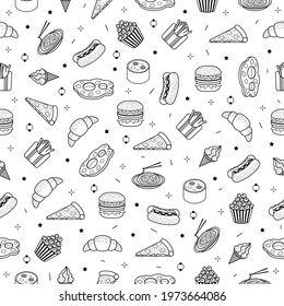 Abstract Doodle Seamless Pattern, Hand Drawn Fast Food Elements. Vector Design Style Background Illustration Icons