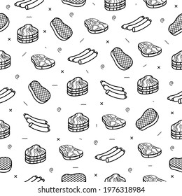 Abstract Doodle Seamless Pattern, Hand Drawn Meat Butcher Food Elements. Vector Design Style Background Illustration Icons