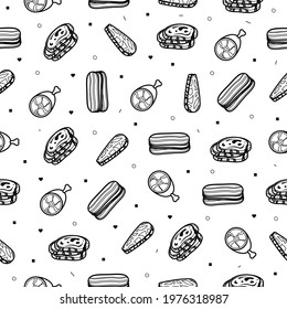 Abstract Doodle Seamless Pattern, Hand Drawn Meat Butcher Food Elements. Vector Design Style Background Illustration Icons