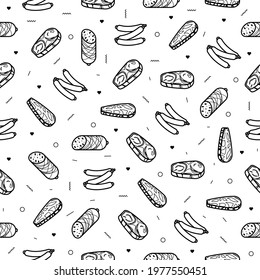 Abstract Doodle Seamless Pattern, Hand Drawn Meat Butcher Food Elements. Vector Design Style Background Illustration Icons