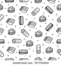 Abstract Doodle Seamless Pattern, Hand Drawn Meat Butcher Food Elements. Vector Design Style Background Illustration Icons