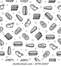 Abstract Doodle Seamless Pattern, Hand Drawn Meat Butcher Food Elements. Vector Design Style Background Illustration Icons