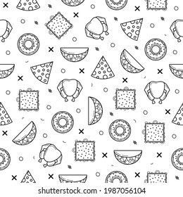 Abstract Doodle Seamless Pattern, Hand Drawn Fast Food Elements. Vector Design Style Background Illustration Icons