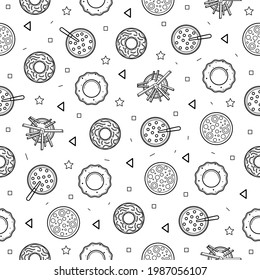 Abstract Doodle Seamless Pattern, Hand Drawn Fast Food Elements. Vector Design Style Background Illustration Icons
