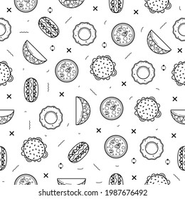 Abstract Doodle Seamless Pattern, Hand Drawn Fast Food Elements Omelette Hot Dog Tacos Humburger Vector Design Style Background Illustration Icons