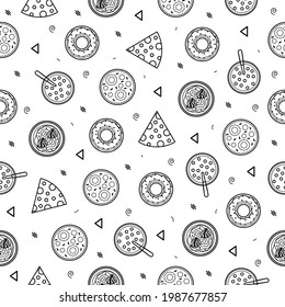 Abstract Doodle Seamless Pattern, Hand Drawn Fast Food Elements Cheese Donut Sushi Vector Design Style Background Illustration Icons