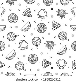 Abstract Doodle Seamless Pattern, Hand Drawn Fast Food Elements Tacos Chiken Pizza French Fries Vector Design Style Background Illustration Icons