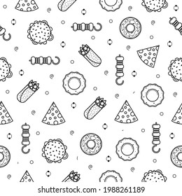 Abstract Doodle Seamless Pattern, Hand Drawn Fast Food Elements Omelette Cheese Hamburger Burrito Vector Design Style Background Illustration Icons