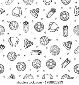 Resumen Doodle Patrón de Seamless, elementos de comida rápida dibujados a mano Pizza Burrito de desayuno Cereales de diseño vectorial Estilo Fondo Iconos de ilustración