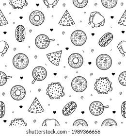 Abstract Doodle Seamless Pattern, Hand Drawn Fast Food Elements Cheese French Fries Hamburger Vector Design Style Background Illustration Icons
