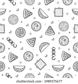 Abstract Doodle Seamless Pattern, Hand Drawn Fast Food Elements Tacos Pizza Sandwich Barbecue Soup Vector Design Style Background Illustration Icons