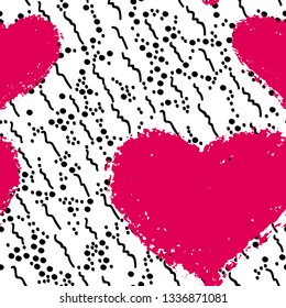 Abstract doodle seamless pattern with heart, texture in white, red and black colors, vector illustration. Applicable for paper or textile print, web and other backgrounds.