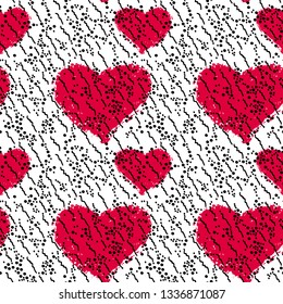Abstract doodle seamless pattern with heart, texture in white, red and black colors, vector illustration. Applicable for paper or textile print, web and other backgrounds.
