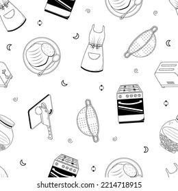 Abstract Doodle Seamless Pattern Kitchen Utensils Background Decoration Vector Design Style For Prints Textiles, Clothing, Gift Wrap, Wallpaper, Pastel