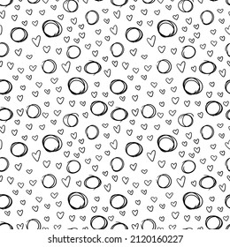 Abstract doodle seamless pattern on white background with hearts and circles.