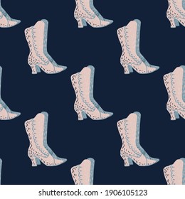 Abstract doodle seamless pattern with pink colored women elegance shoes print. Navy blue background. Stock illustration. Vector design for textile, fabric, giftwrap, wallpapers.