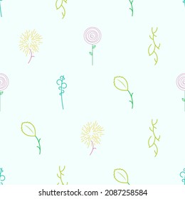 Abstract Doodle Seamless Pattern Plants Branch Botanic Leaf Leaves Herb Nature Background Decoration Vector Design Style For Prints Textiles, Clothing, Gift Wrap, Wallpaper, Pastel
