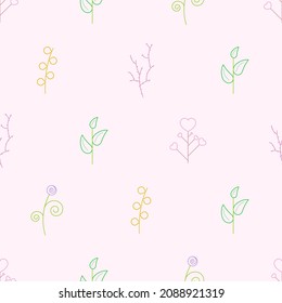 Abstract Doodle Seamless Pattern Plants Branch Botanic Leaf Leaves Herb Nature Background Decoration Vector Design Style For Prints Textiles, Clothing, Gift Wrap, Wallpaper, Pastel