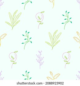 Abstract Doodle Seamless Pattern Plants Branch Botanic Leaf Leaves Herb Nature Background Decoration Vector Design Style For Prints Textiles, Clothing, Gift Wrap, Wallpaper, Pastel
