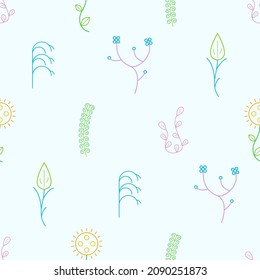 Abstract Doodle Seamless Pattern Plants Branch Botanic Leaf Leaves Herb Nature Background Decoration Vector Design Style For Prints Textiles, Clothing, Gift Wrap, Wallpaper, Pastel