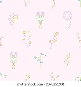 Resumen Doodle Planta De Patrón Sin Marea Rama Hojas Botánicas Hojas de Hojas de Hierba Naturaleza Fondo Decoración Vector Estilo De Diseño Para Impresiones Textiles, Ropa, Envoltura De Regalo, Papel De Cubierta, Pastel