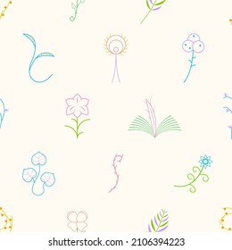 Abstract Doodle Seamless Pattern Plants Branch Botanic Leaf Leaves Herb Nature Background Decoration Vector Design Style For Prints Textiles, Clothing, Gift Wrap, Wallpaper, Pastel