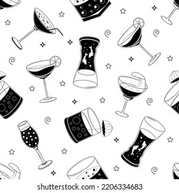 Abstract Doodle Seamless Pattern Potion Drink Aqua Beverage Cocktail Alcohol Background Decoration Vector Design Style For Prints Textiles, Clothing, Gift Wrap, Wallpaper, Pastel