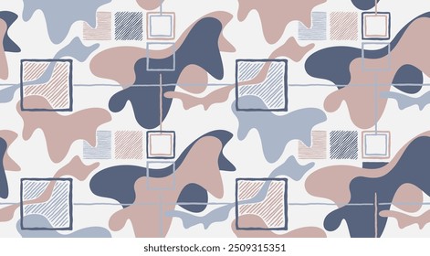 Abstract doodle seamless pattern with random square and wavy lines - modern vector repeatable background in neutral colors
