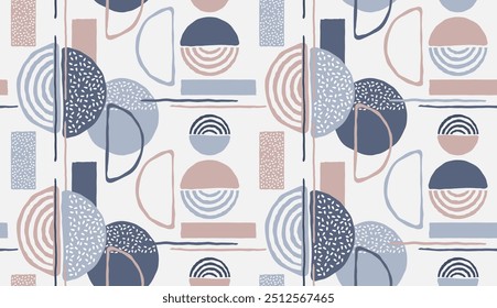 Abstract doodle seamless pattern with random semicircles and wavy lines - modern vector repeatable background in neutral colors