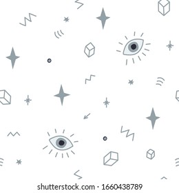 Illustration abstraite de la surface du motif harmonieux de doodle. Oeil, étoiles, points, silhouette 3d, dessins à flèches, typographie de création graphique. Image dessinée à la main. Modèle simple vectoriel d'enveloppement de papier fantaisie.
