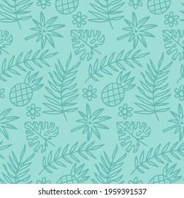 Abstract doodle seamless pattern with tropical foliage and pineapple. Wedding endless pattern in light mint color. Leaves in line art style. Vector flat illustration.