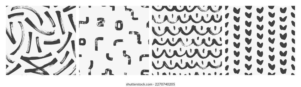 Abstract doodle seamless patterns collection. Modern black and white textures with wavy lines, blobs and abstract brush strokes. Chaotic ink brush scribbles decorative set. Grunge vector texture