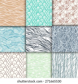 Abstract doodle seamless patterns set. Vector illustration